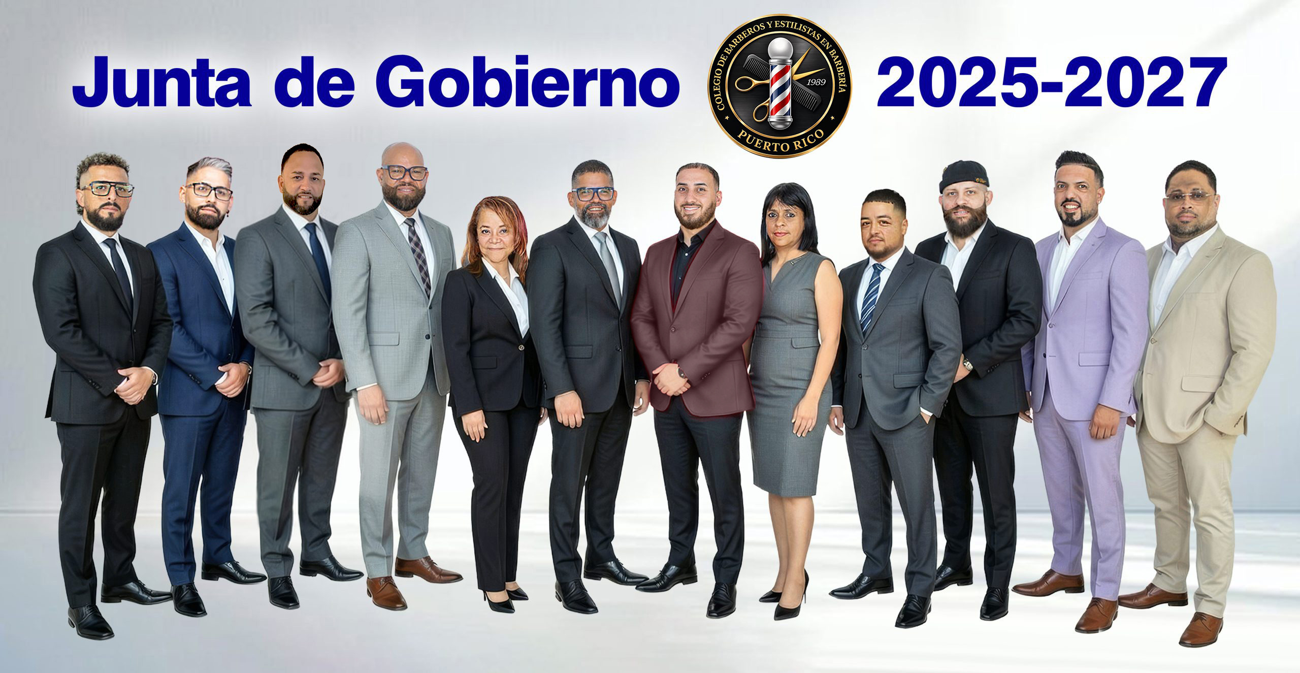 Foto grupal de la Junta de Gobierno 2025-2027 del Colegio de Barberos y Estilistas en Barbería de Puerto Rico